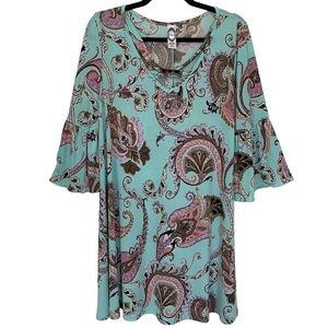 HONEYME Women’s Tunic‎ Dress Paisley A-Line  3/4 Bell Sleeve Criss Cross Neck S